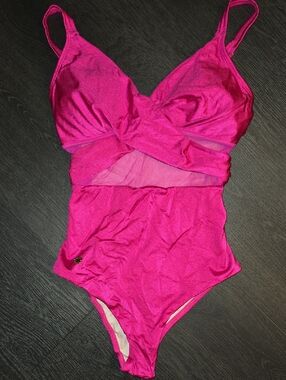 Twist-Front Hot Pink One-Piece Swimsuit with Mesh Accent